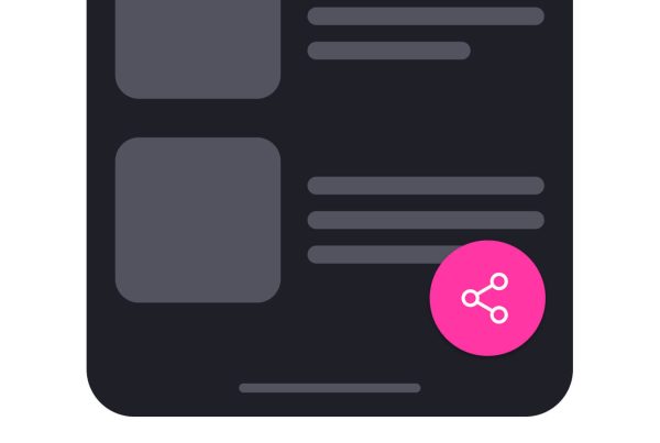 Una schermata scura di smartphone stilizzata con in evidenza un floating action button rosa