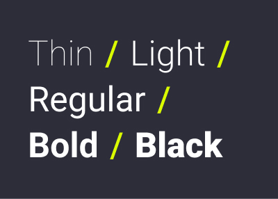 esempi di font weight thin, light, regular, bold e black su fondo scuro